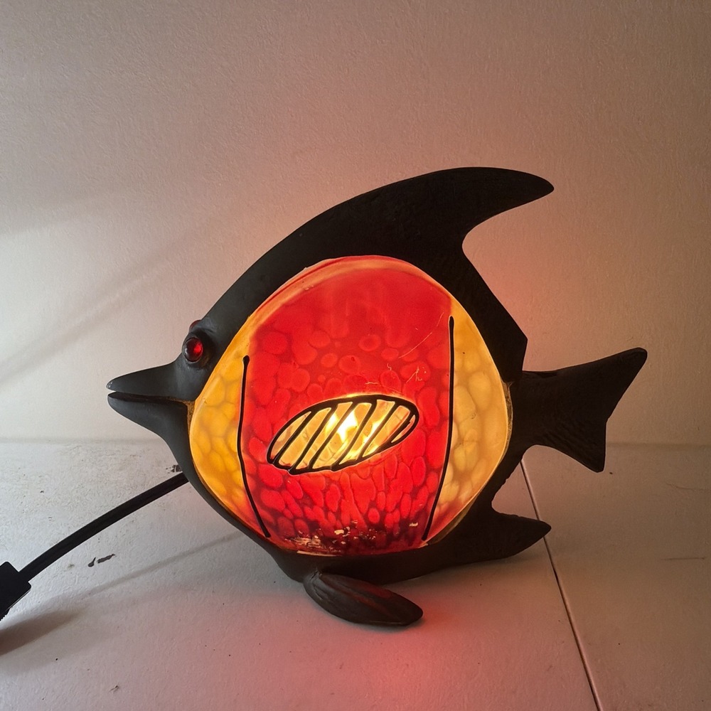 Mid Century Modern Sculptural Brass Angelfish Stained Glass Lamp Red Yellow
